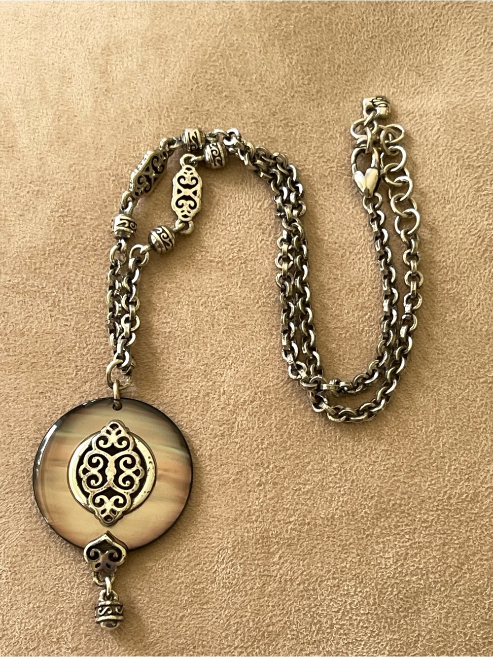 Brighton Silver Filigree Disc Pendant Necklace with Beige-Brown Accent
